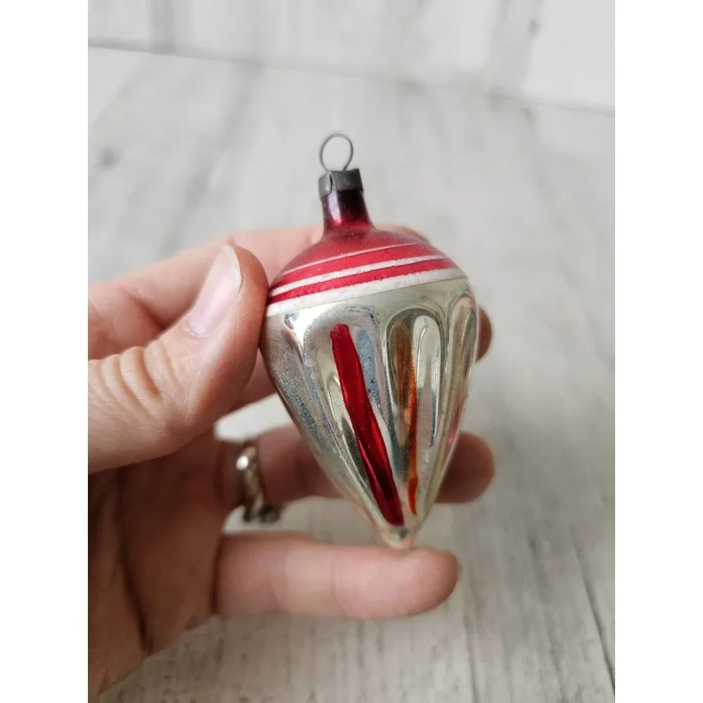Antique torpedo topper‎ red striped glass ornament silver Xmas tree